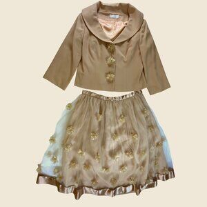 Hartly Tan Beige 2-Piece Set Suit Floral Embellished Tulle Skirt Fifties Small